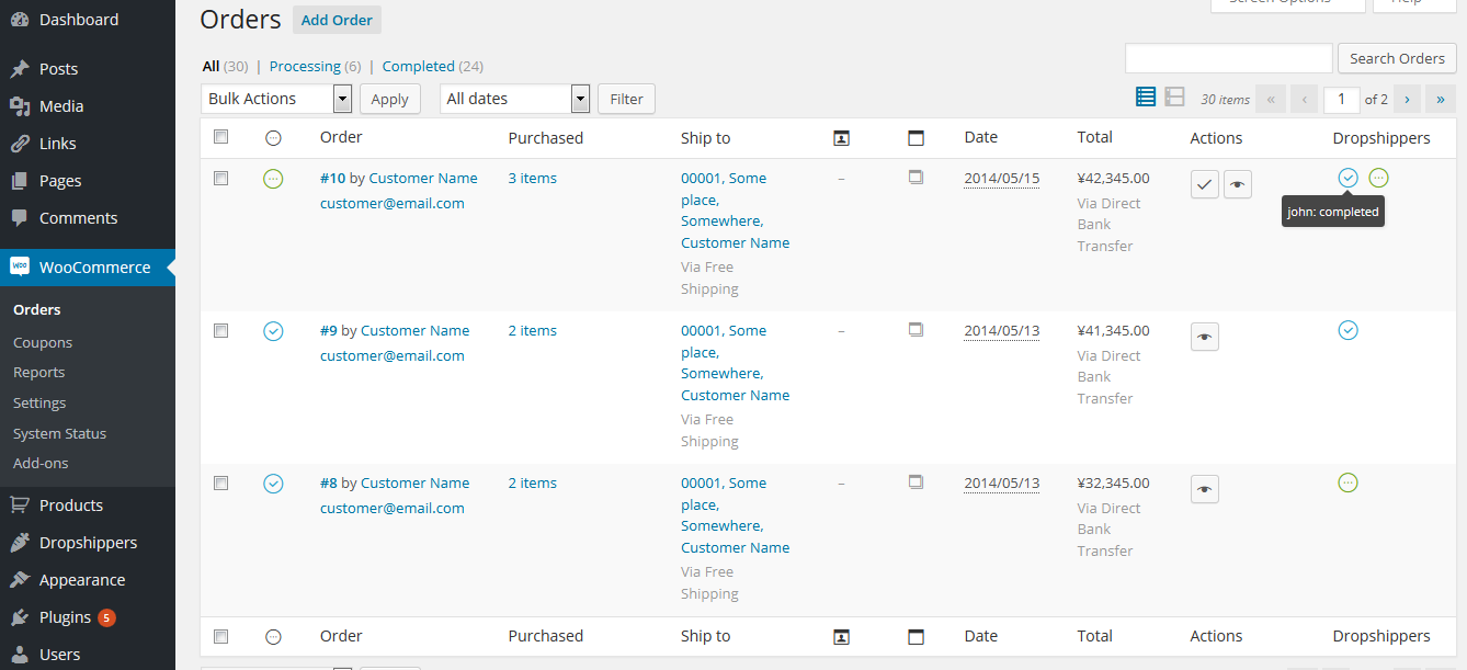 WooCommerce website dashboard